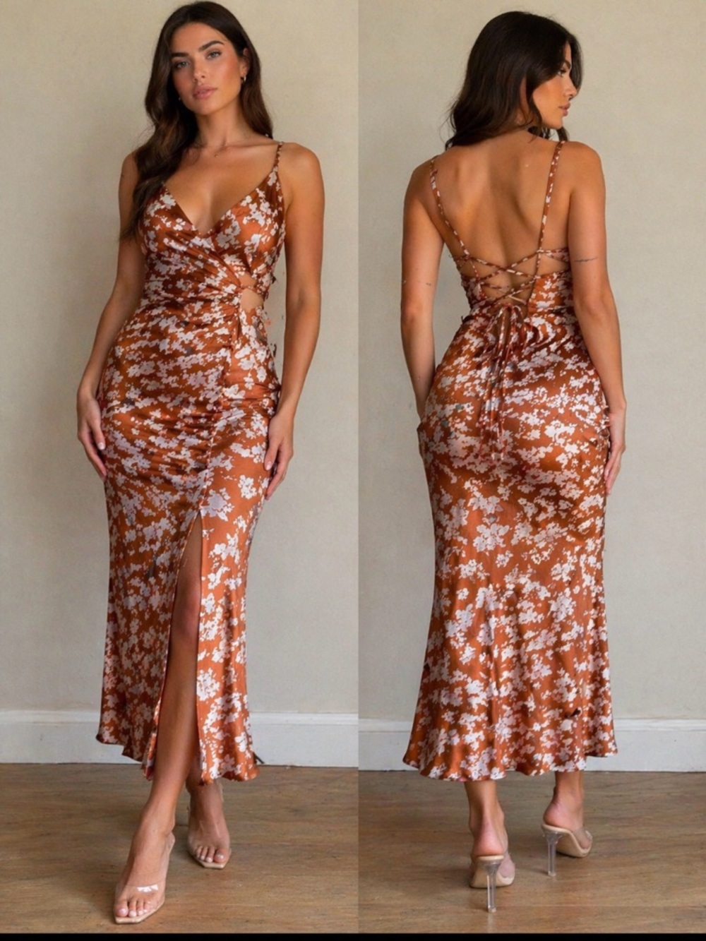 PrettyLittleThing Rust Floral Satin Backless Slip Dress Prom -graduation -party